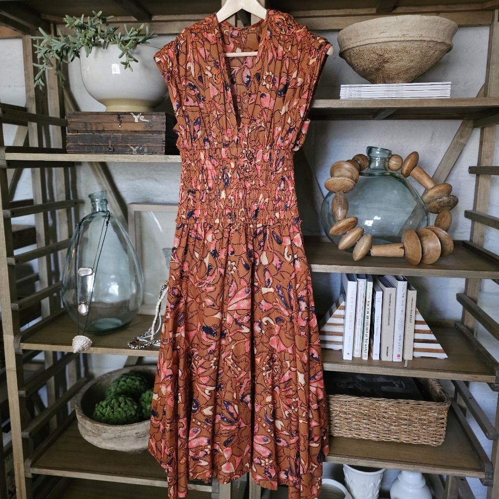 A.L.C. Lucia Corset Waist Cotton Floral Midi Dress Size 0 Bronze Navy Coral - Picture 14 of 14